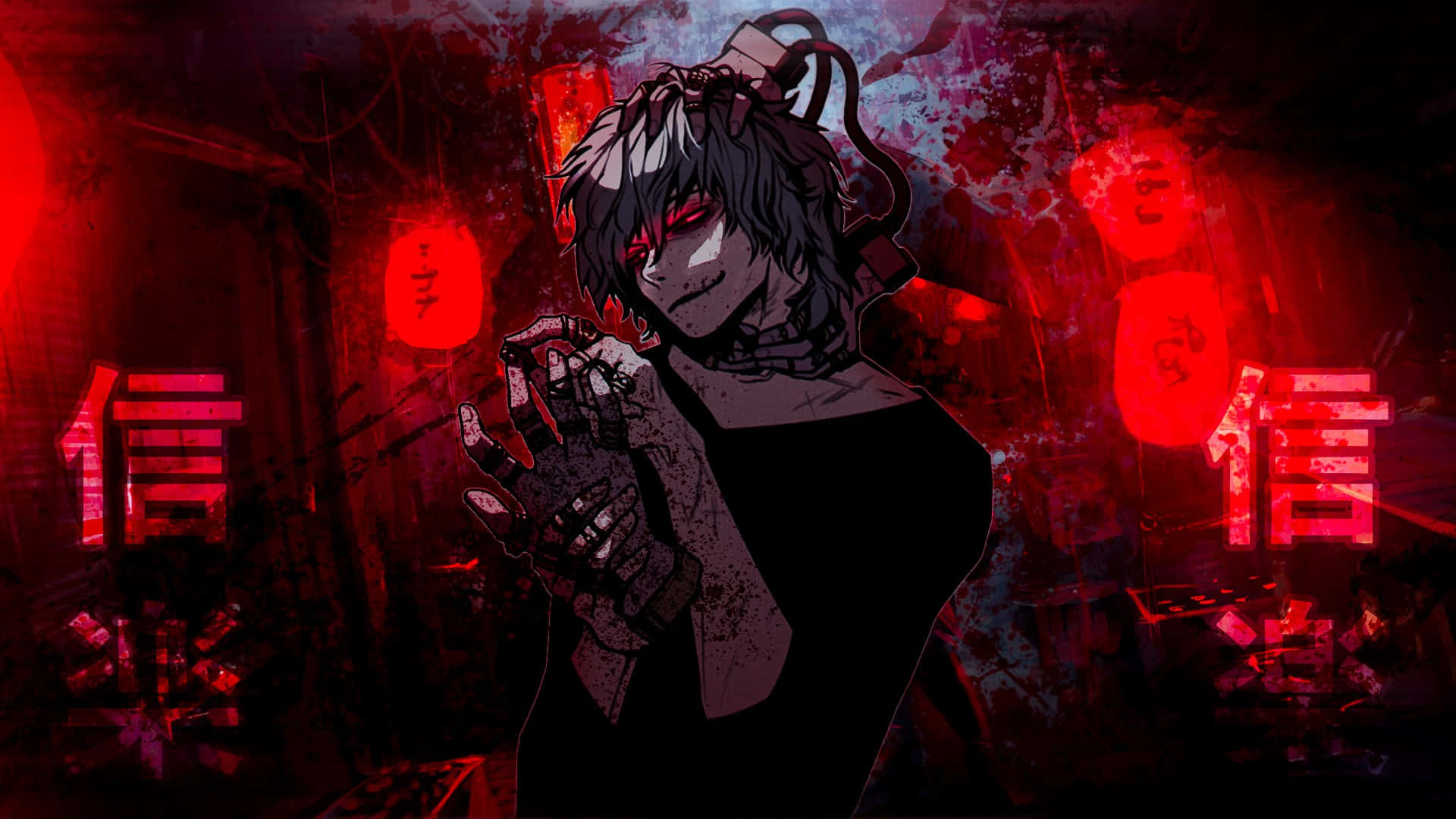 Tomura Shigaraki 桌布 壁紙 — 一個黑暗的動漫角色，紅眼睛黑頭髮，站在一個紅光照亮的房間裡，有發光的燈籠和日文字元。