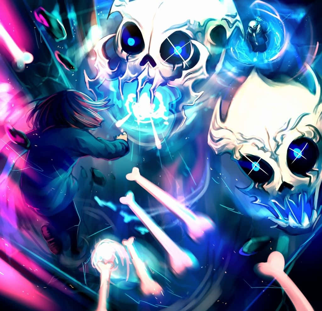 sans 桌布 壁紙 — 一個黑暗的動漫角色在霓虹燈照亮嘅宇宙戰鬥場景中，與發光嘅藍色頭骨同漂浮嘅骨頭戰鬥。