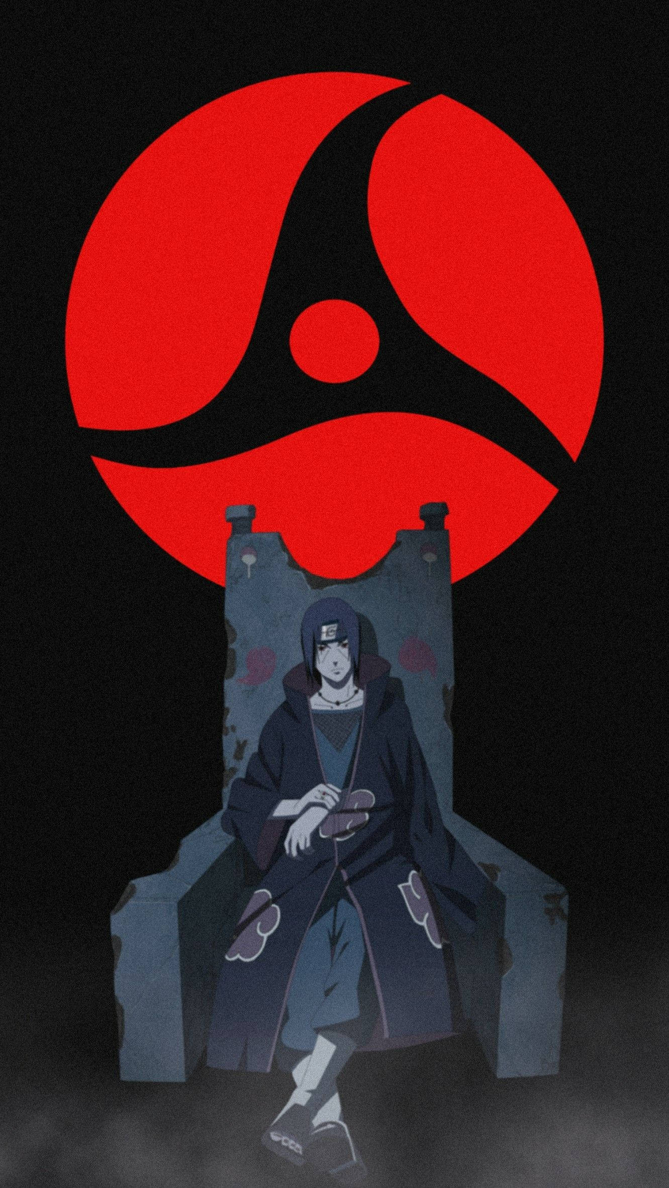 Itachi 桌布 壁紙 — 一個黑暗的動漫角色在黑色背景上，坐在一個巨大的紅色寫輪眼符號下的石頭王座上，威嚴地坐著。
