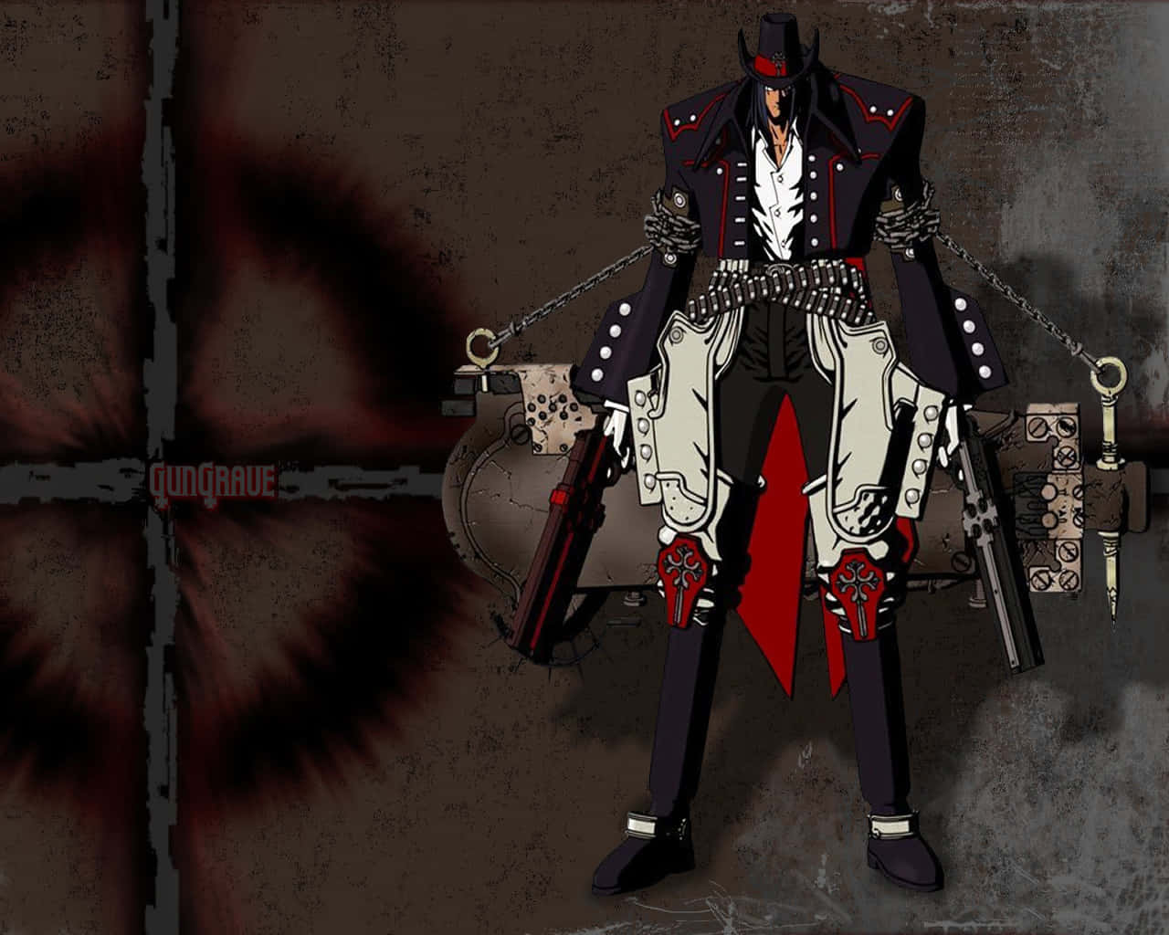 Gungrave 桌布 壁紙 — 一個黑暗的動漫角色身穿黑紅軍服，手持雙槍和鎖鏈，站在一個骯髒、血跡斑斑的牆前。