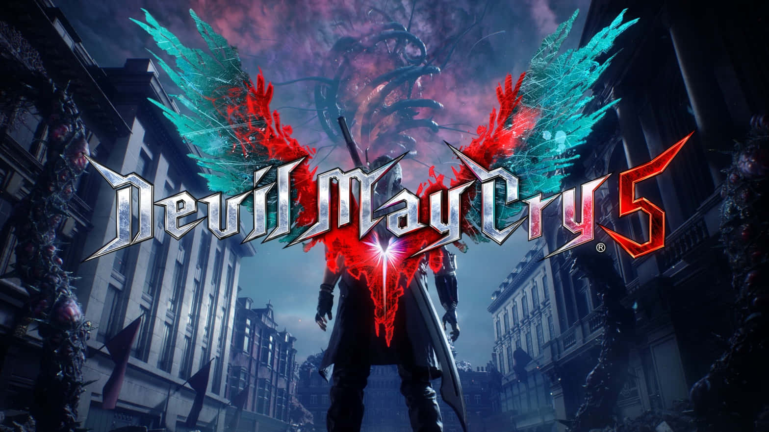 Devil May Cry Characters 桌布 壁紙 — 一個黑暗的城市場景，一個惡魔般的身影站在哥德式城市景觀前，天空風暴密佈，帶有發光的紅色和藍綠色翅膀。