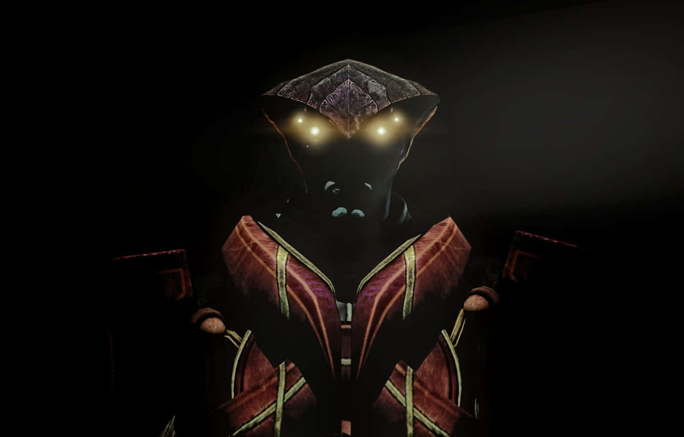 Mass Effect Javik 桌布 壁紙 — 一個黑暗的外星人形象，擁有發光的黃色眼睛和華麗的紅色盔甲，站在陰影的黑暗中。