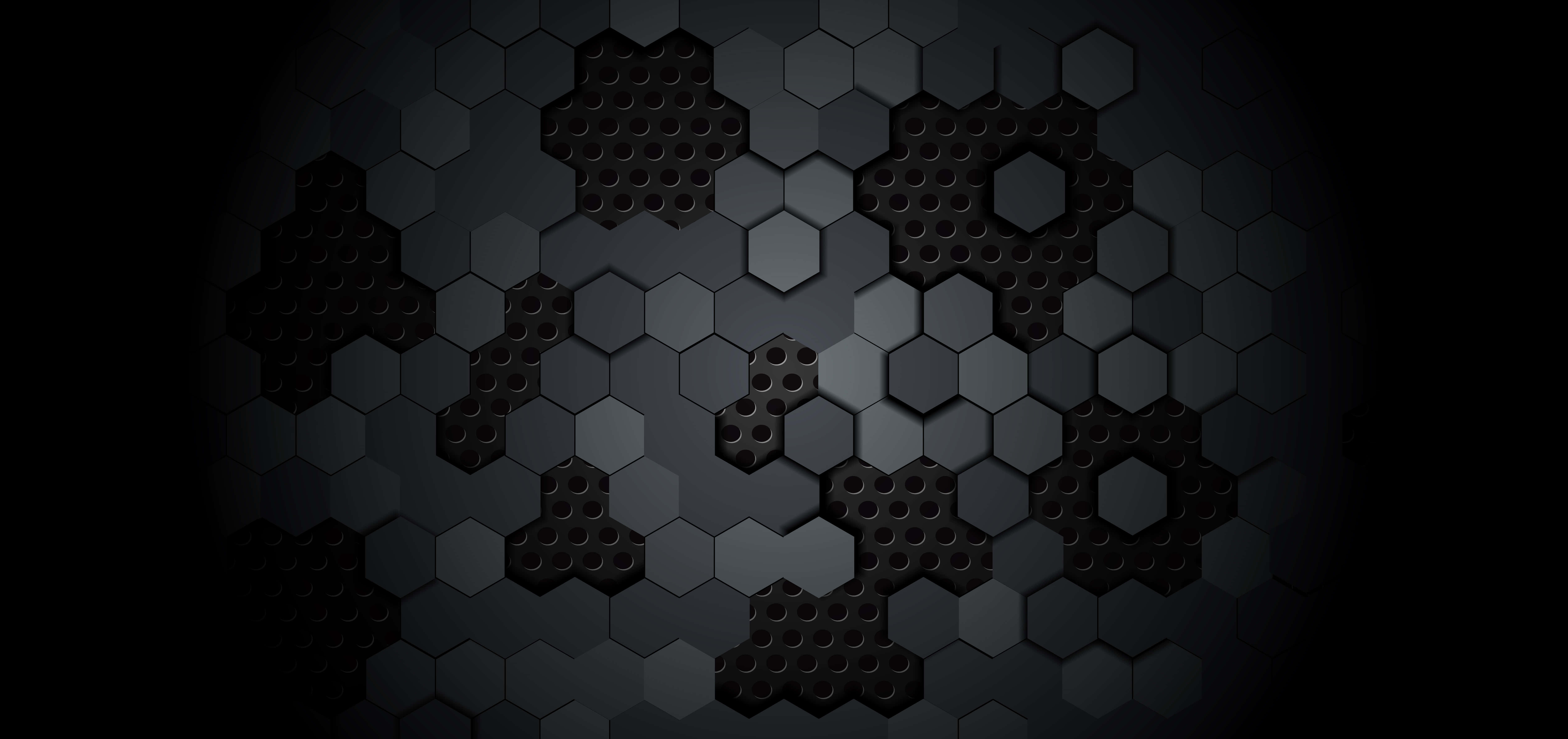 Black Pattern 桌布 壁紙 — 一個黑暗的未來主義六邊形圖案，帶有紋理的面板在黑色背景上柔和發光。