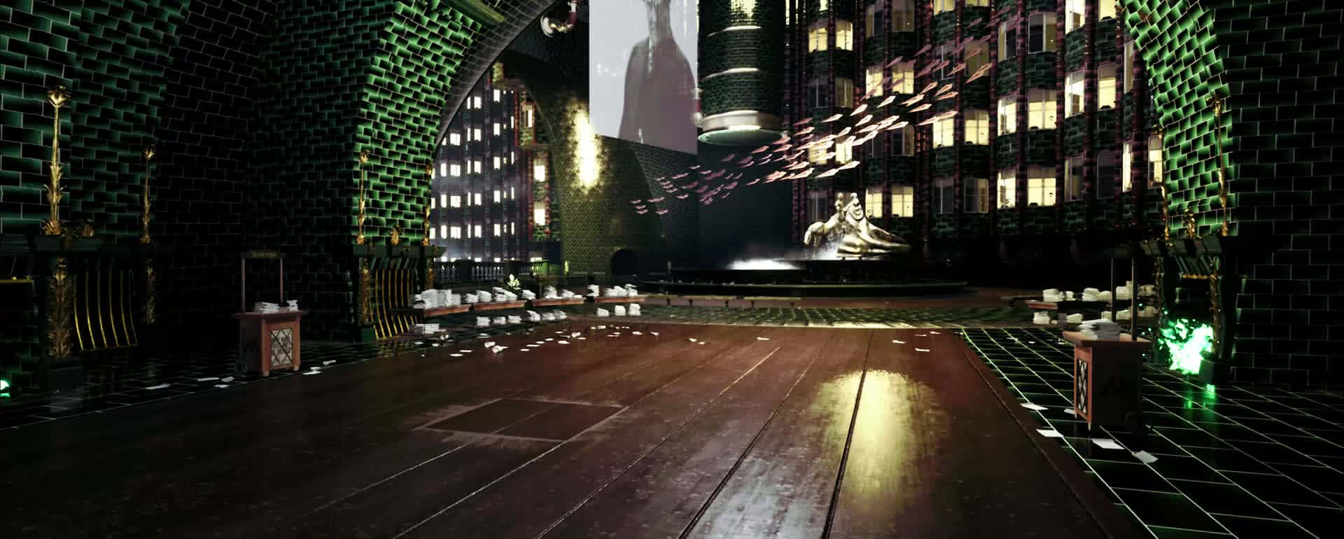 The Ministry Of Magic 桌布 壁紙 — 一個黑暗的未來主義劇院，帶有綠色發光磚牆和反射舞台燈光的木地板。