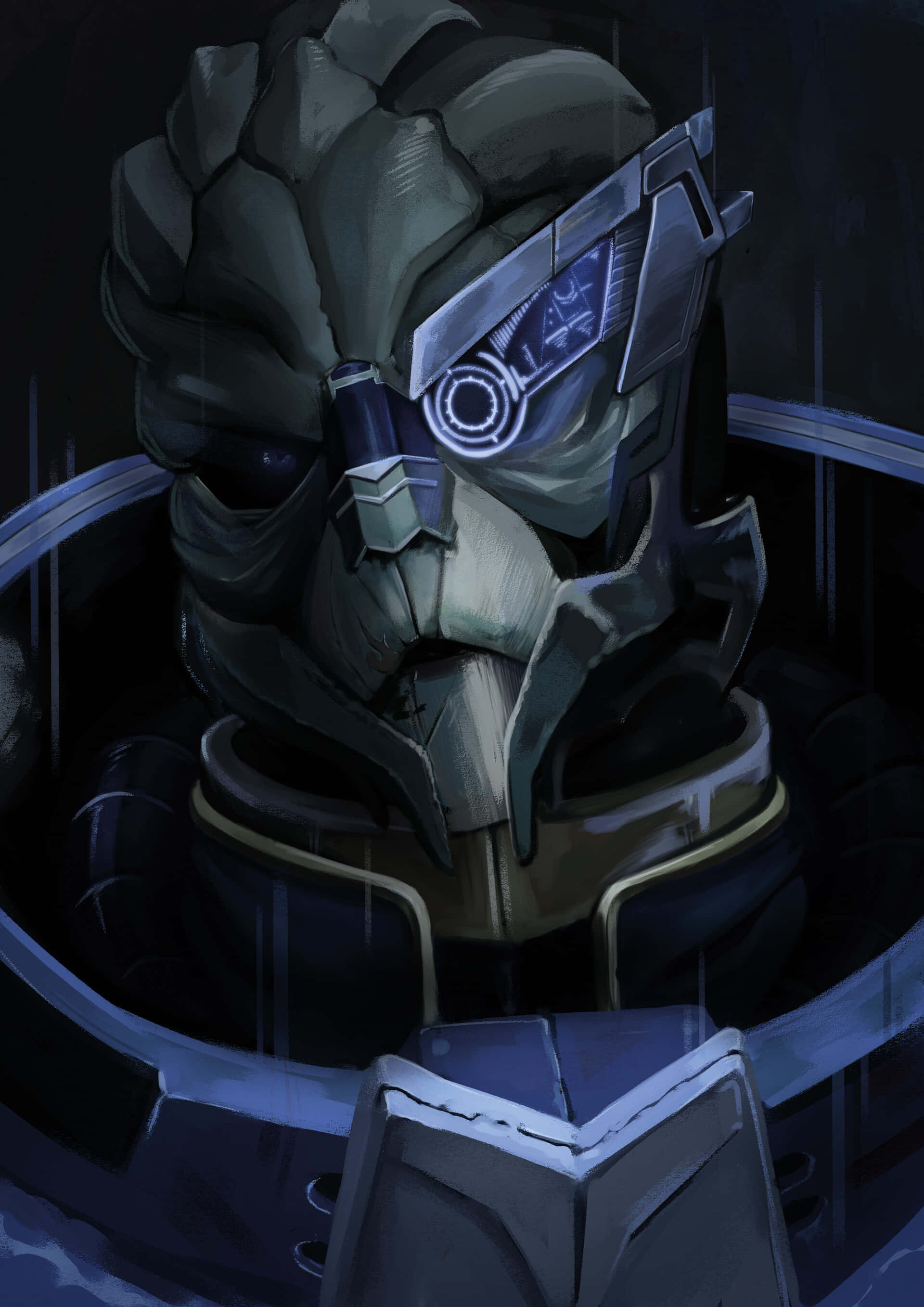 Garrus Vakarian 桌布 壁紙 — 一個黑暗的未來戰士，擁有發光的電子眼和裝甲頭盔，站在陰影雨中。