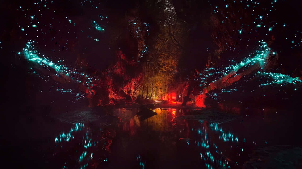 Beautiful Forest 桌布 壁紙 — 一個黑暗的洞穴，被發光的藍綠色生物發光生物照亮，在平靜的水面上反射，入口處有溫暖的紅色燈光。