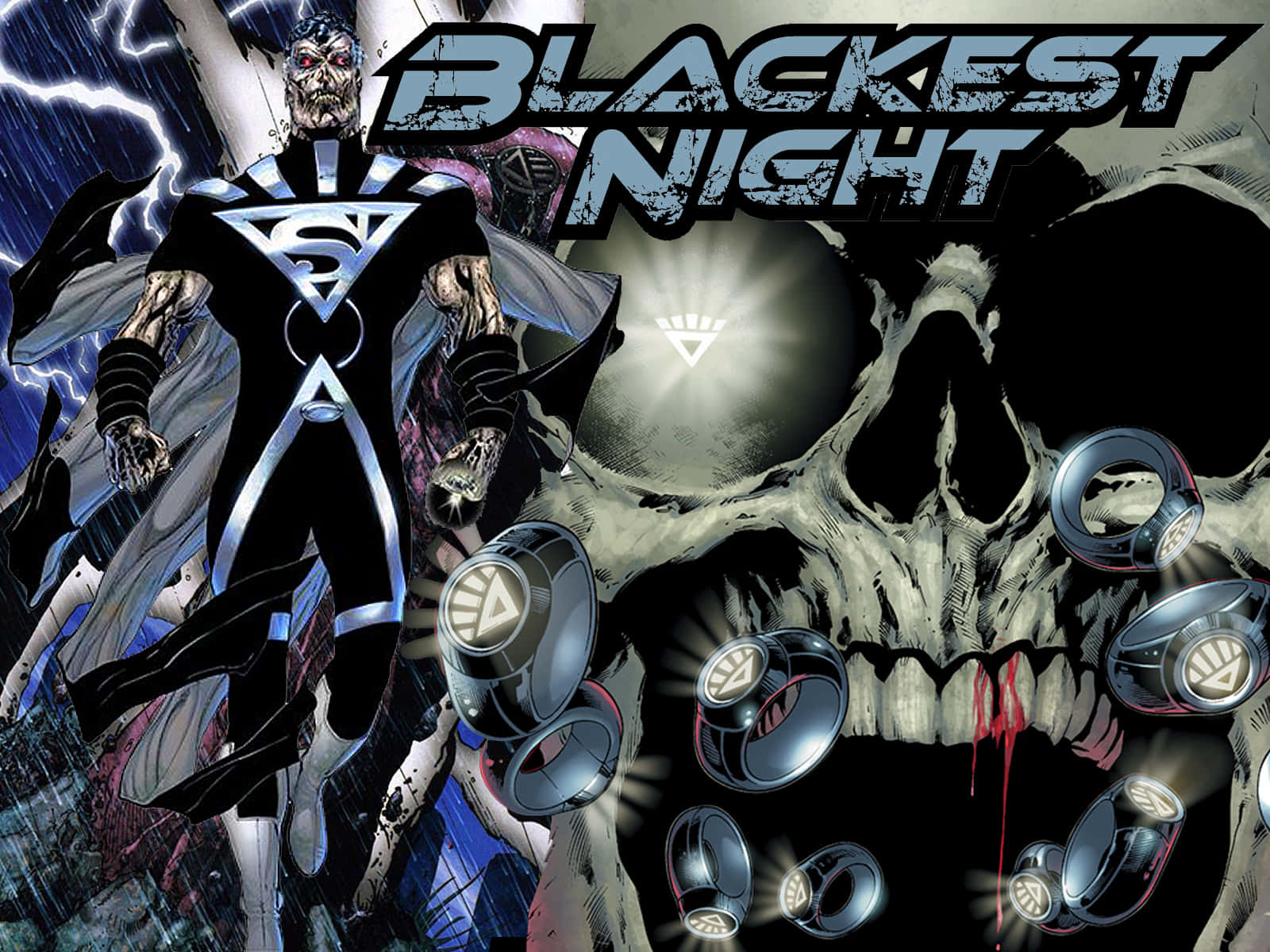 Blackest Night 桌布 壁紙 — 一個黑暗的漫畫場景，描繪了一個骷髏般的超人形象站在一個巨大的頭骨前，周圍漂浮著發光的環。