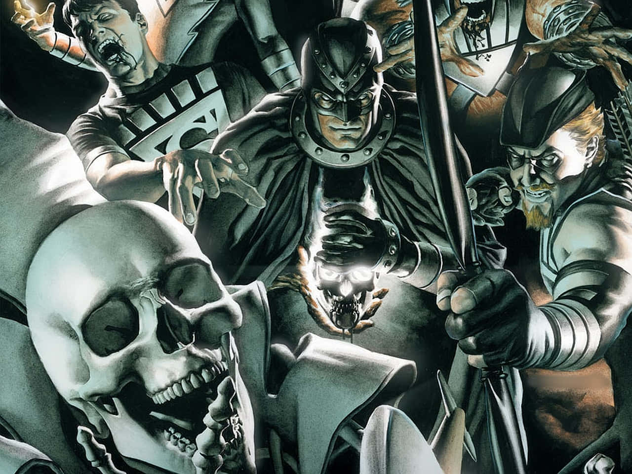 Blackest Night 桌布 壁紙 — 一個黑暗的漫畫插圖，描繪一個身穿盔甲的威脅人物手持發光頭骨，周圍是尖叫的戰士和骷髏殘骸。
