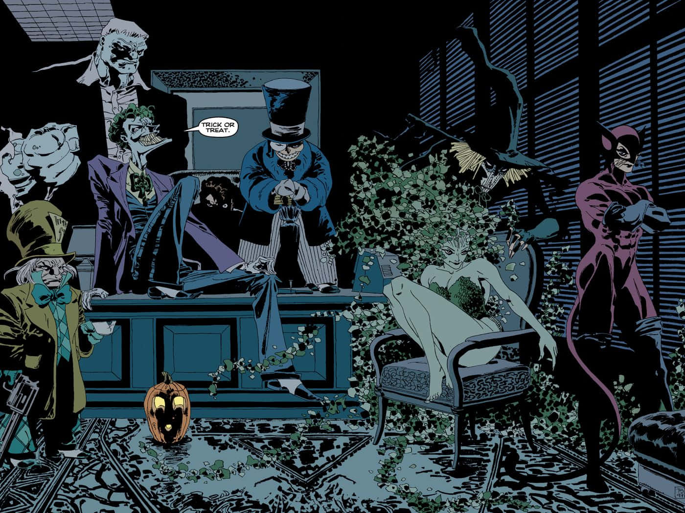 Batman Dark Victory 桌布 壁紙 — 一個黑暗的漫畫面板顯示蝙蝠俠反派如小丑和毒藤女在一個帶有萬聖節裝飾的哥德式房間裡。