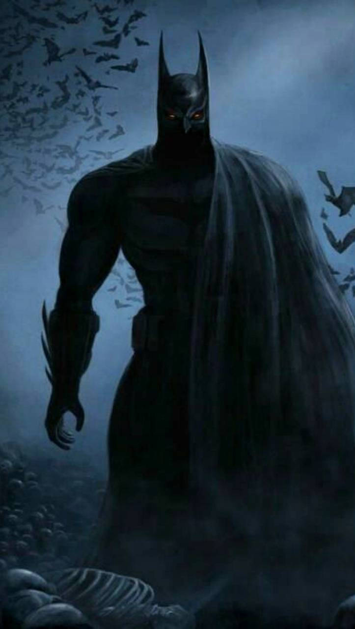Bats 桌布 壁紙 — 一個黑暗的蝙蝠俠在迷霧中威嚴地站立，眼睛發出紅光，蝙蝠在他周圍飛翔。