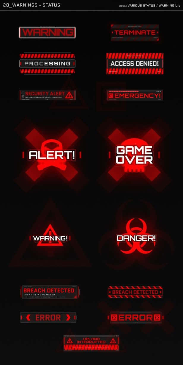 Game Design 桌布 壁紙 — 一個黑暗的螢幕顯示發光的紅色數位警告訊息，例如「GAME OVER」和「ACCESS DENIED」，並帶有骷髏頭和生物危害符號。