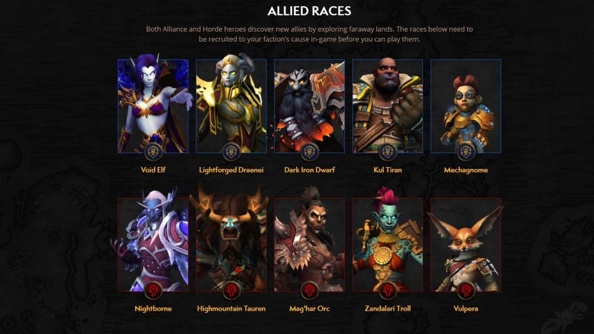 World Of Warcraft Races 桌布 壁紙 — 一個黑暗的螢幕顯示遊戲中的十個奇幻種族，附有詳細的角色肖像和陣營名稱。