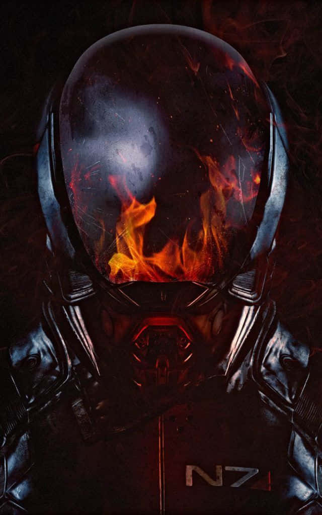 Mass Effect Trilogy 桌布 壁紙 — 一個黑暗的裝甲人物，頭盔內露出咆哮的火焰，背景是煙霧繚繞的黑色。