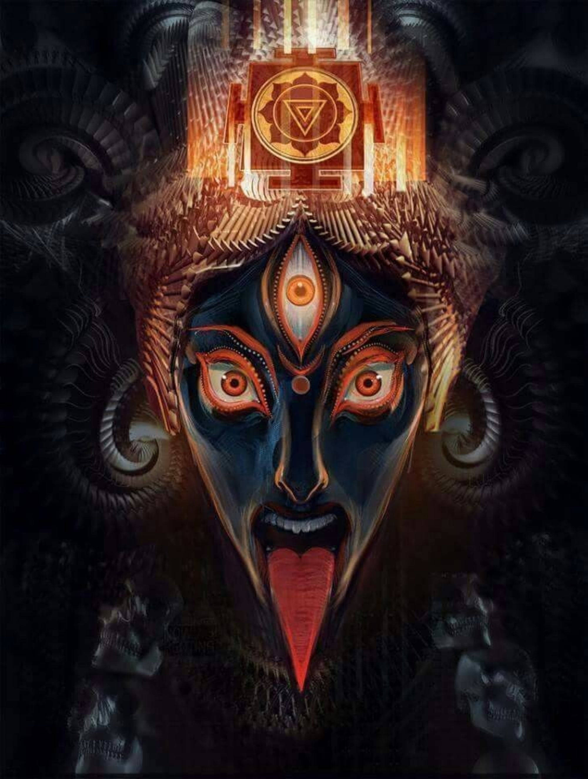 Goddess 桌布 壁紙 — 一個黑暗神聖的面孔，帶有發光的橙色眼睛和舌頭，被頭骨和螺旋狀眼睛包圍，下方是燦爛的金色皇冠。