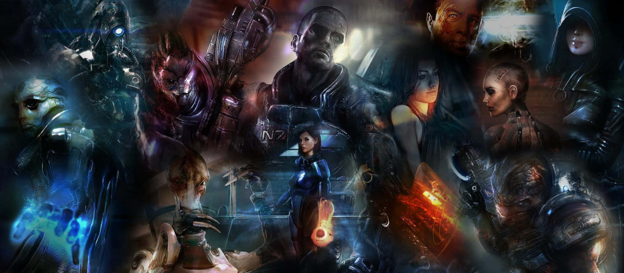 Mass Effect Characters 桌布 壁紙 — 一個黑暗科幻拼貼畫， featuring 裝甲戰士、發光武器和賽博格角色，呈現戲劇性的電影構圖。