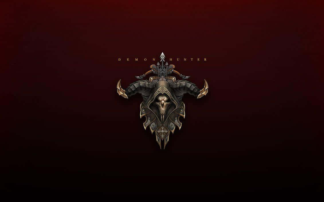 Demon Hunting 桌布 壁紙 — 一個黑暗華麗的惡魔獵人標誌，帶有骷髏頭和角，在深紅色漸變背景上發光。