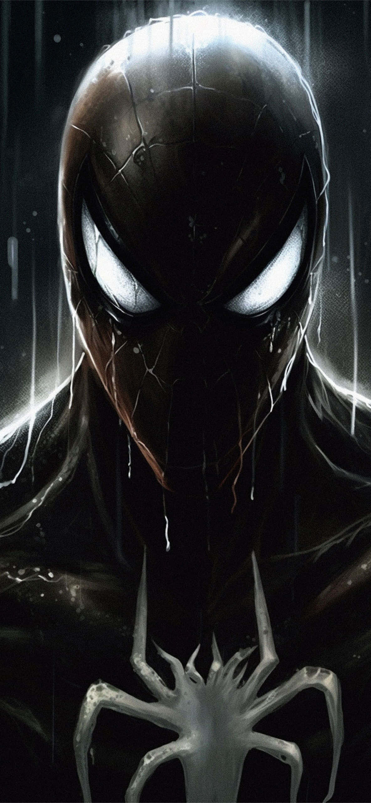 Symbiote 桌布 壁紙 — 一個黑暗蜘蛛俠，面具破裂，眼睛發光，站在雨中，水滴沿著他的臉和戰衣流下。