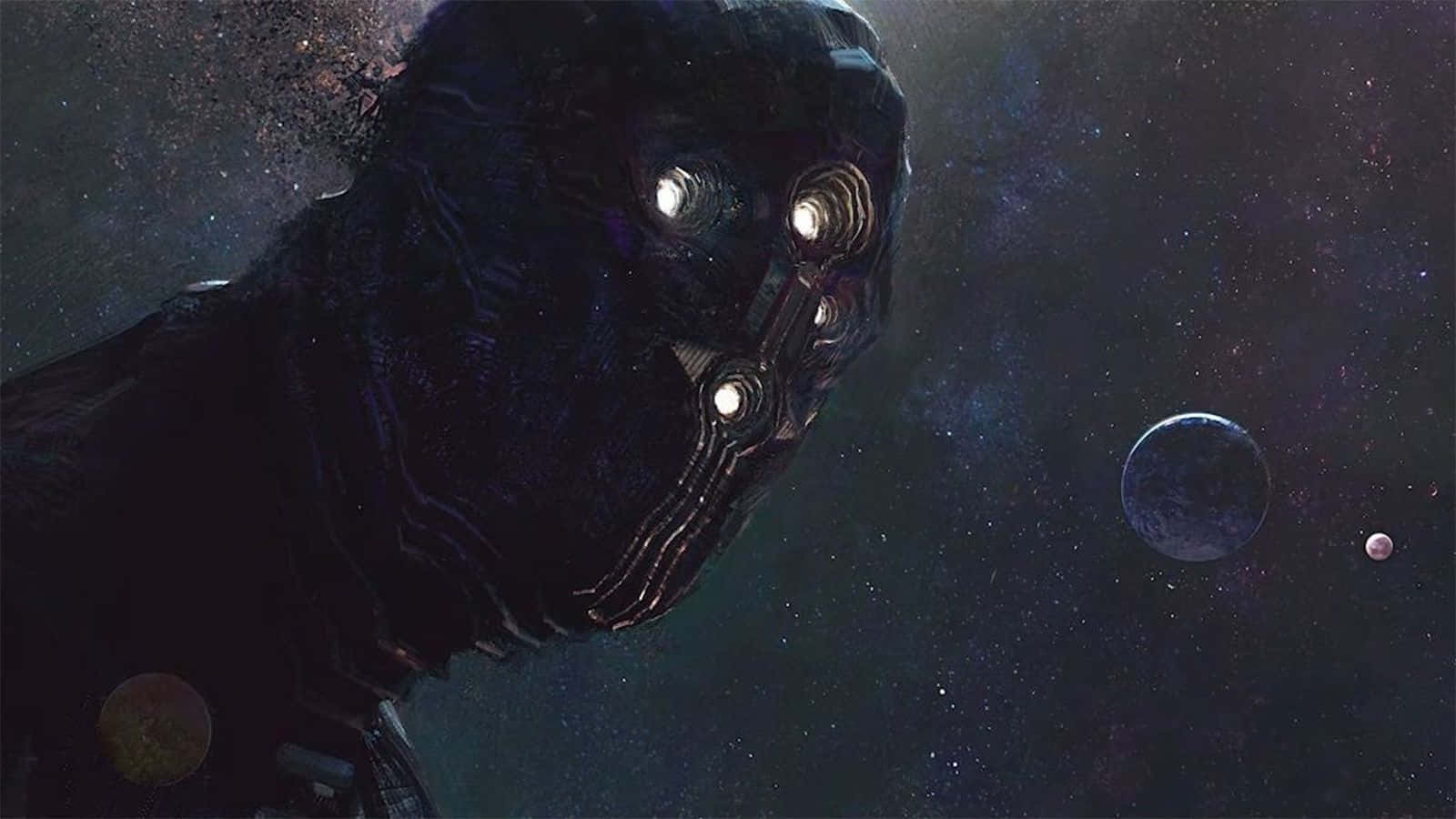 Celestials 桌布 壁紙 — 一個黑暗裝甲的人物，眼睛發光，在繁星點點的宇宙背景中，帶着遙遠的行星，莊嚴地凝視着。