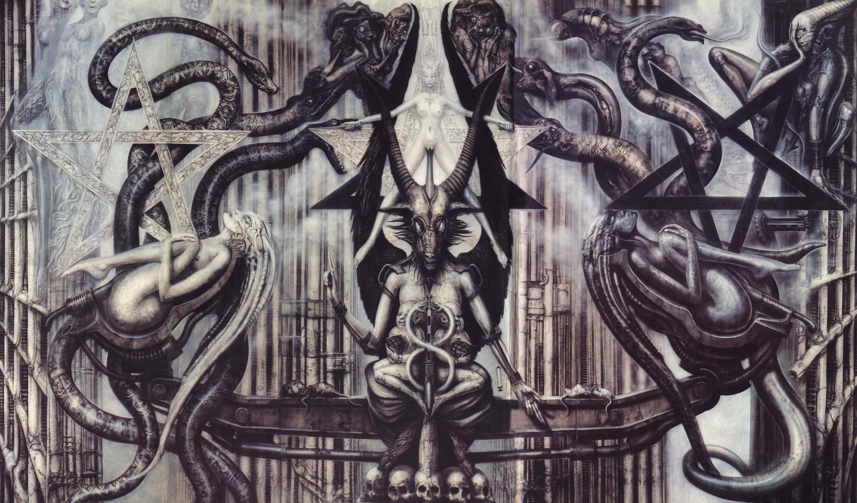 Occult 桌布 壁紙 — 一個黑暗超現實插圖，描繪一個有角的惡魔人物坐在頭骨上，周圍環繞著蛇形生物和五角星。