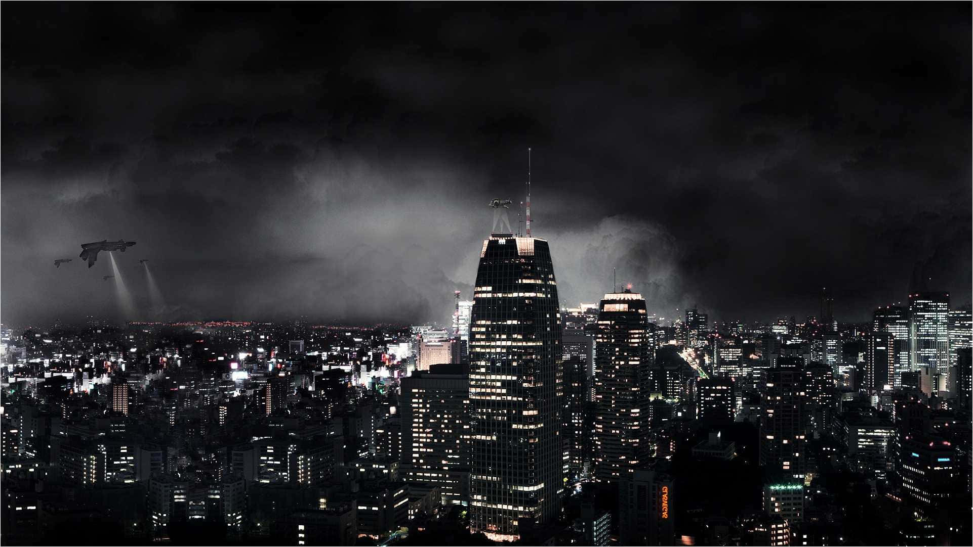 暗夜城市 桌布 壁紙 — 一個黑暗風暴的夜晚，覆蓋著廣闊的城市景觀，發光的摩天大樓和飛行車輛投射出光束。