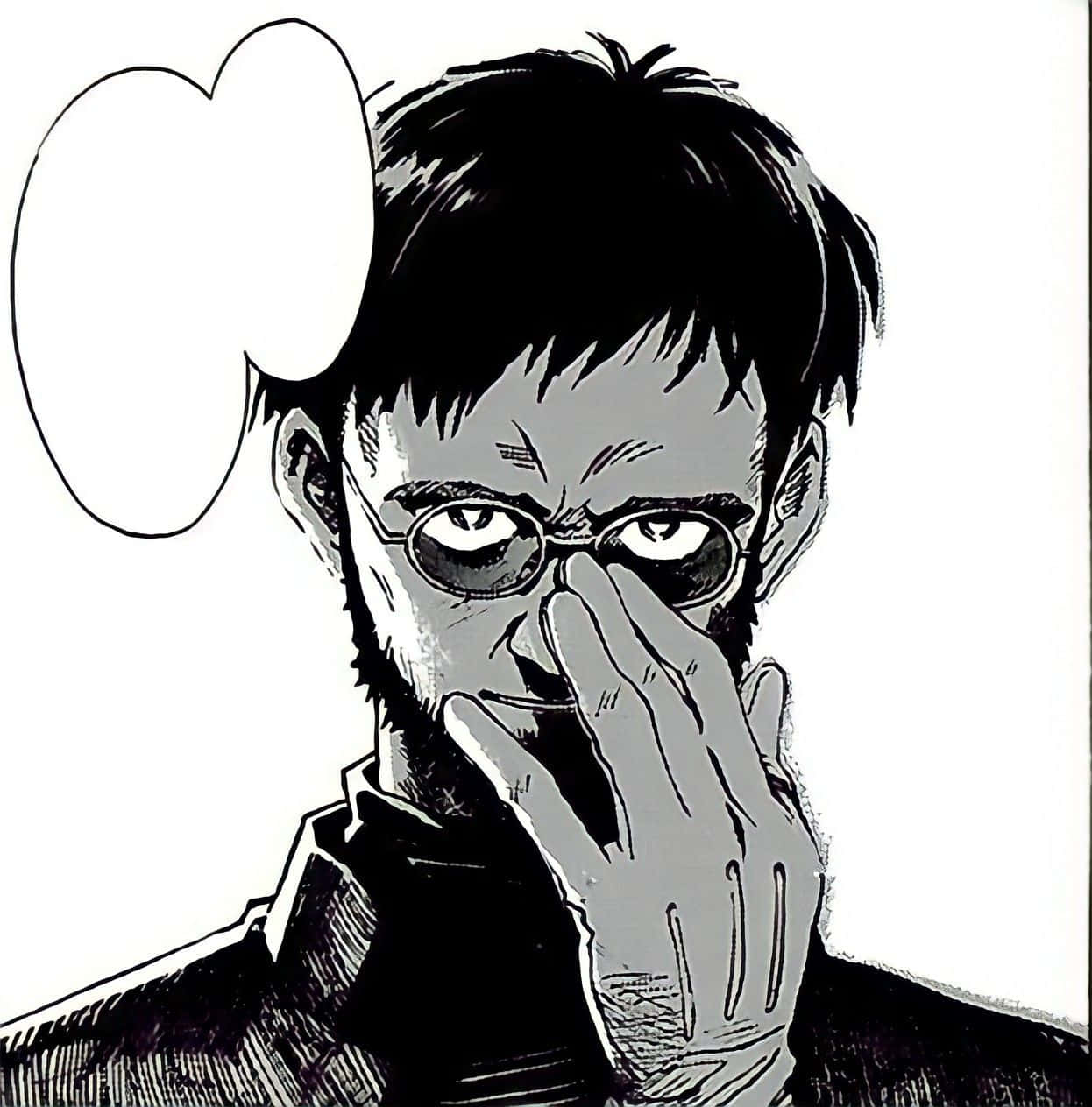 Gendo Ikari 桌布 壁紙 — 一個黑白動漫中的戴眼鏡男子，用戴著手套的手捂住嘴巴，眼神銳利。