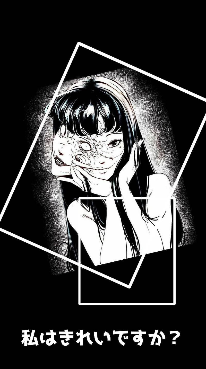 嚇人 桌布 壁紙 — 一個黑白動漫女孩，半邊臉被複雜圖案覆蓋，在幾何框架內若有所思地凝視。