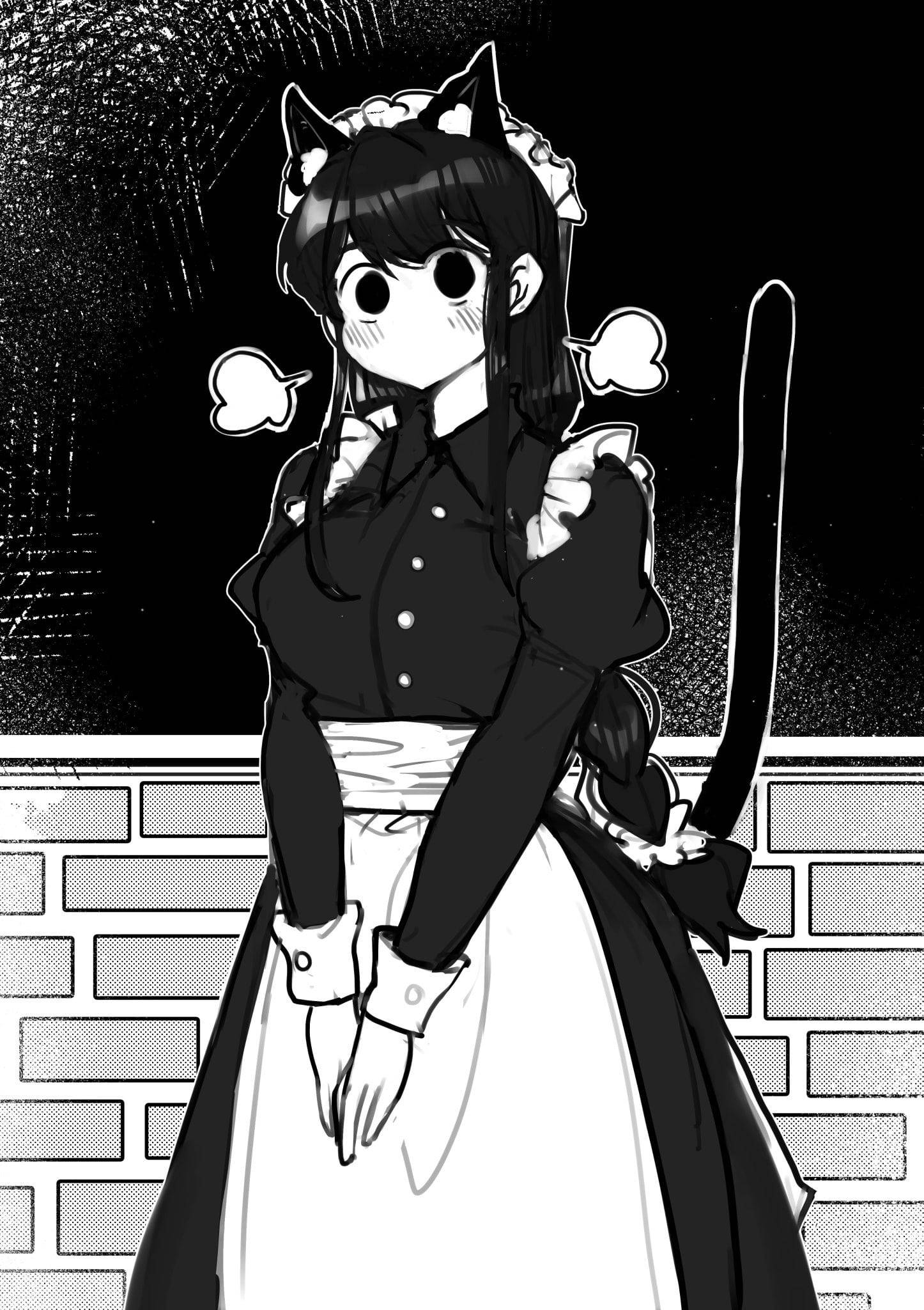 Komi San 桌布 壁紙 — 一個黑白動漫女孩，有貓耳和貓尾，穿著女僕裝，站在磚牆前，牆上有漫畫風格的對話氣泡。
