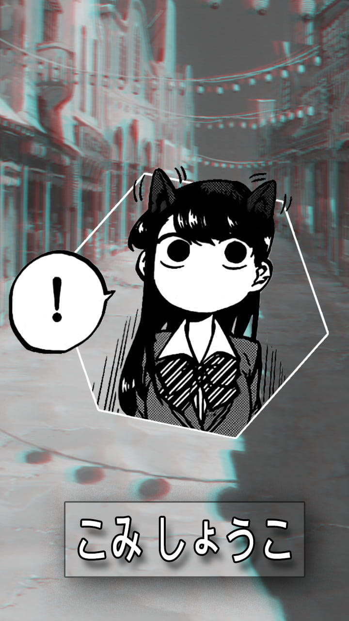 Komi San 桌布 壁紙 — 一個黑白動漫女孩，有貓耳和驚訝的表情，出現在一個六邊形內，背景是故障的街景。