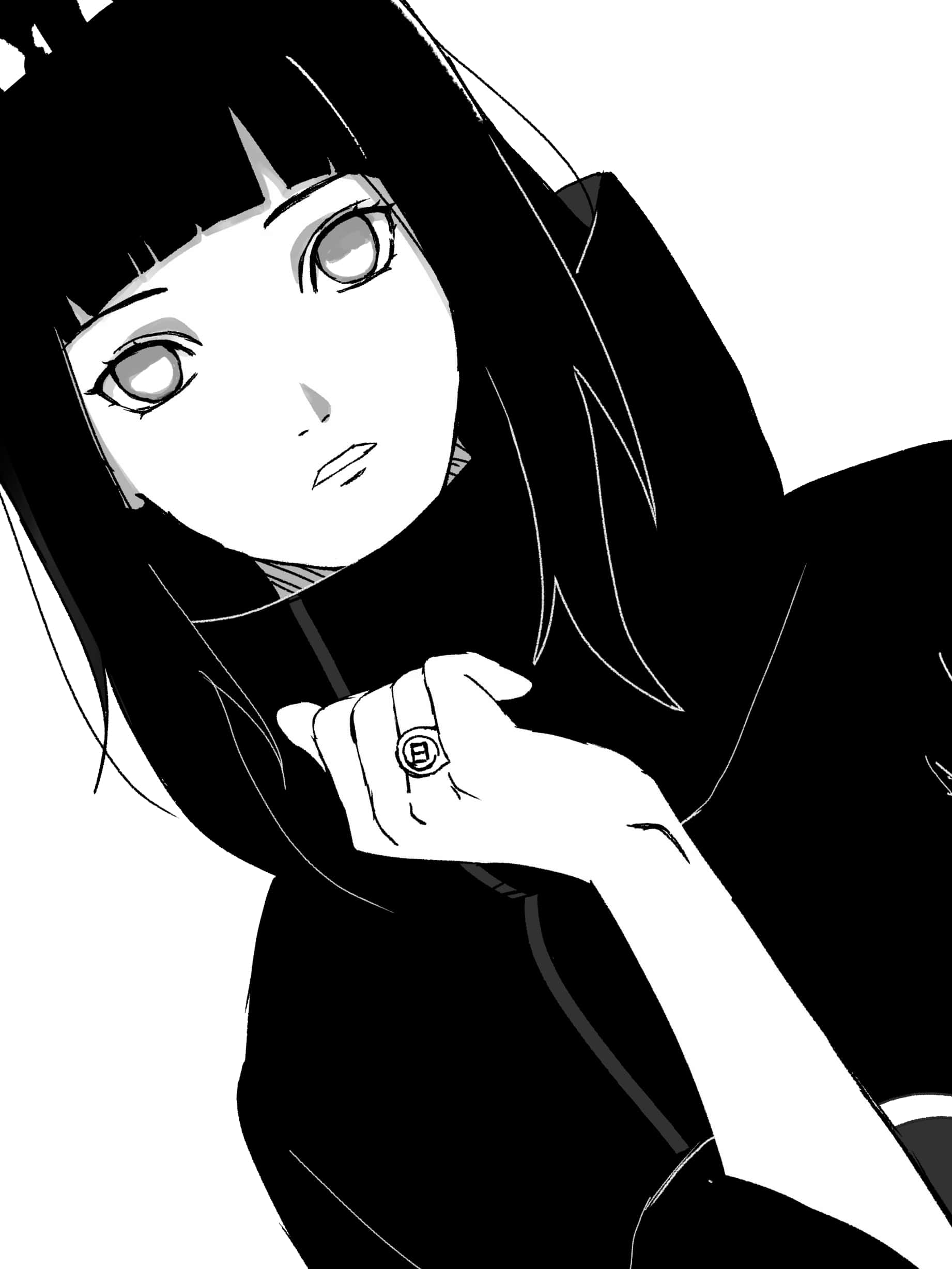 Akatsuki Hinata 桌布 壁紙 — 一個黑白動漫女孩，長髮飄逸，托腮仰望，手上戴著戒指。