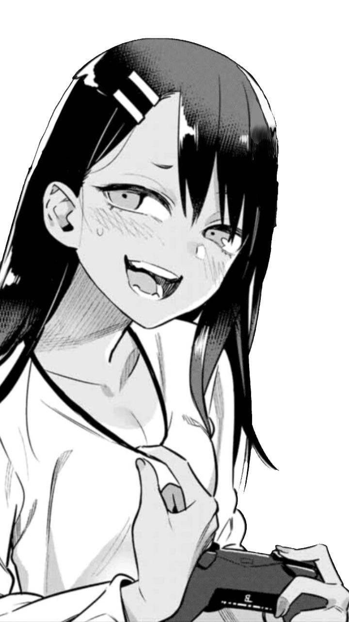Nagatoro 桌布 壁紙 — 一個黑白動漫女孩帶著喜悅的淚水狂野地咧嘴笑著，同時緊握遊戲控制器。
