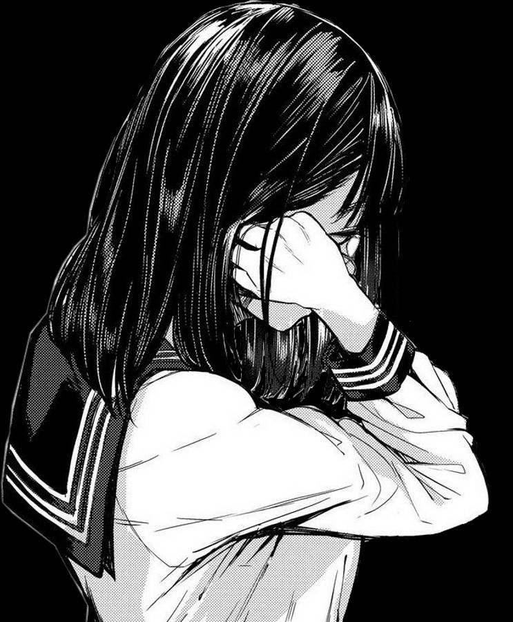 depressed anime 桌布 壁紙 — 一個黑白動漫女孩穿著水手服，在純黑背景前用手遮住臉。