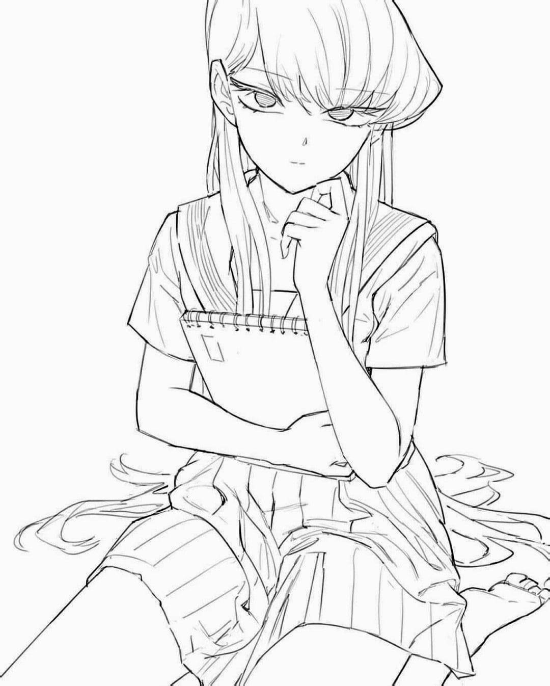 動漫女孩 桌布 壁紙 — 一個黑白動漫女學生穿著校服，手托下巴，若有所思地坐著，拿著筆記本。