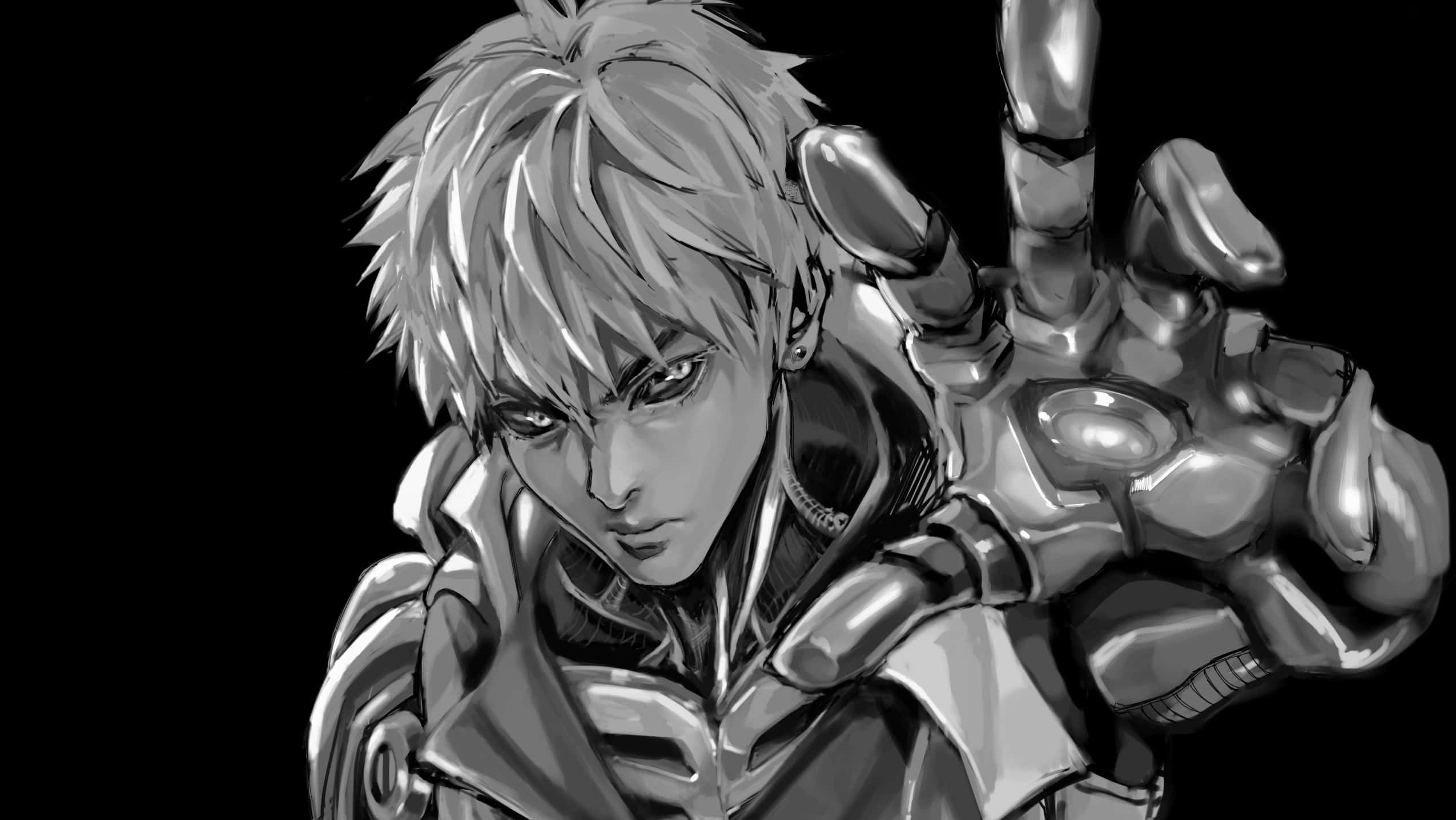Genos 桌布 壁紙 — 一個黑白動漫角色，擁有尖刺頭髮和機械手臂，在黑色背景上強烈凝視。