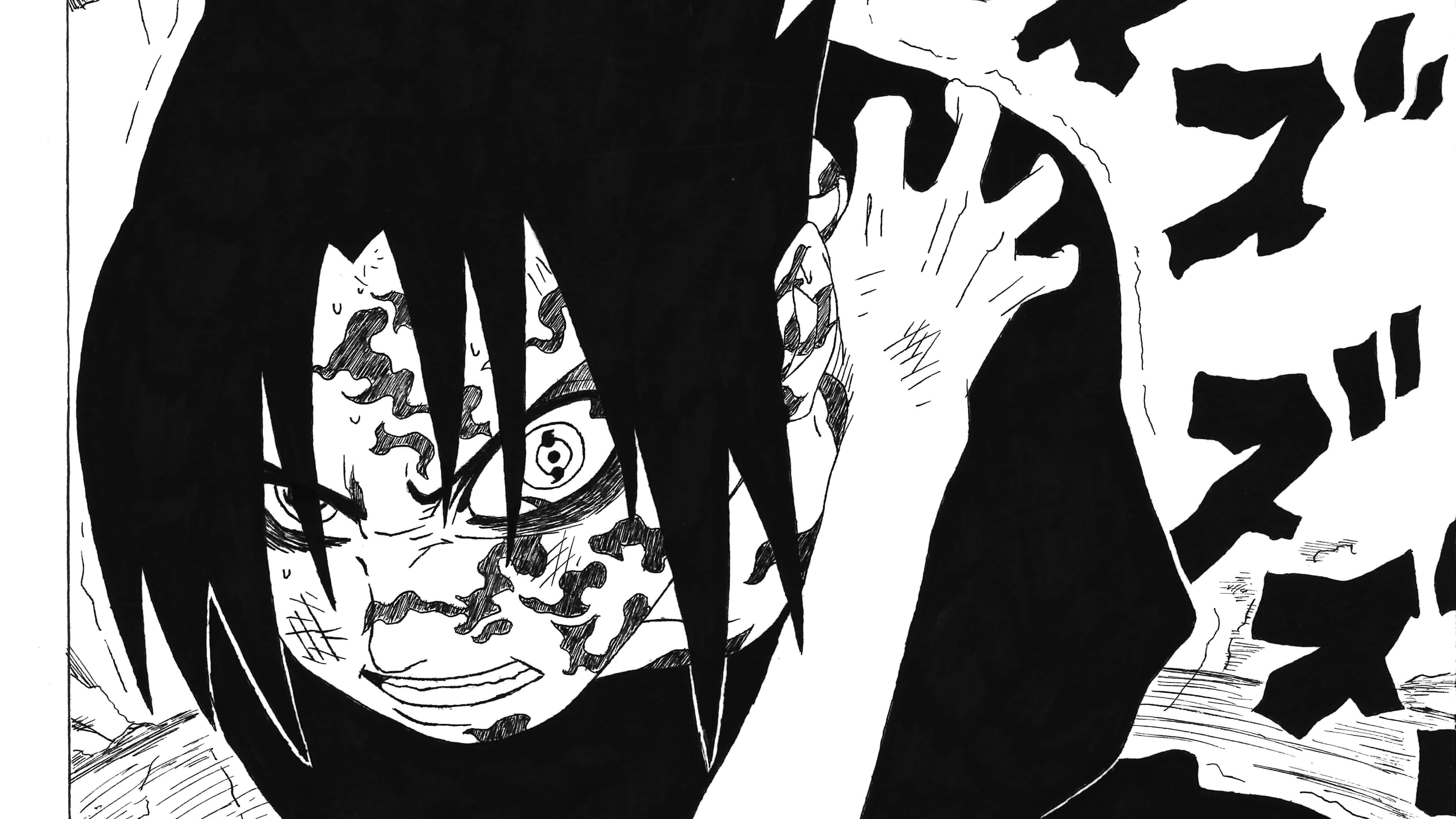 Sasuke Uchiha Cursed Mark 桌布 壁紙 — 一個黑白動漫角色，擁有尖刺頭髮和臉上旋轉的標記，在混亂的背景中舉起一隻手尖叫。