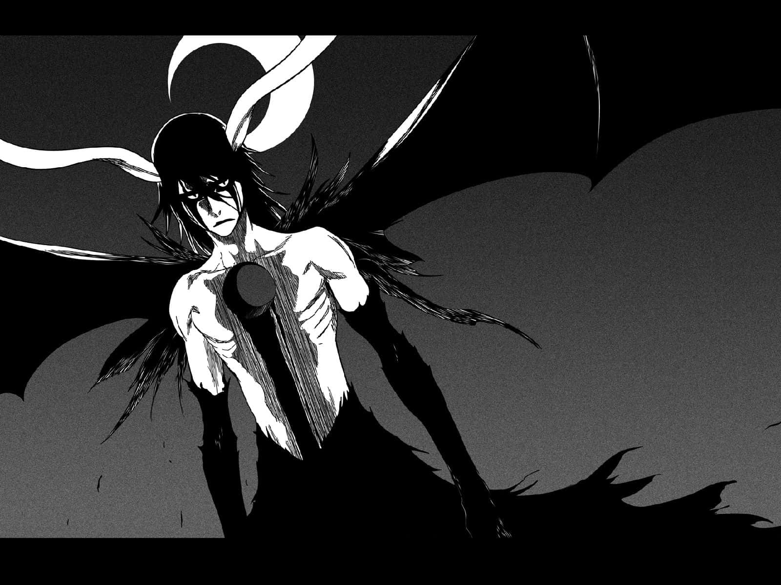 Ulquiorra Cifer 桌布 壁紙 — 一個黑白動漫角色，背後有蝙蝠般的翅膀和一彎新月，擺出戲劇性的姿勢。