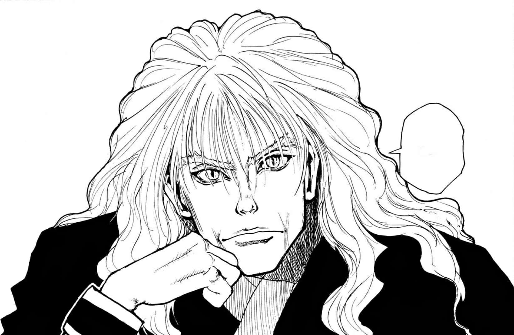 Silva Zoldyck 桌布 壁紙 — 一個黑白動漫角色，長著波浪長髮和銳利的眼睛，將下巴擱在緊握的拳頭上。
