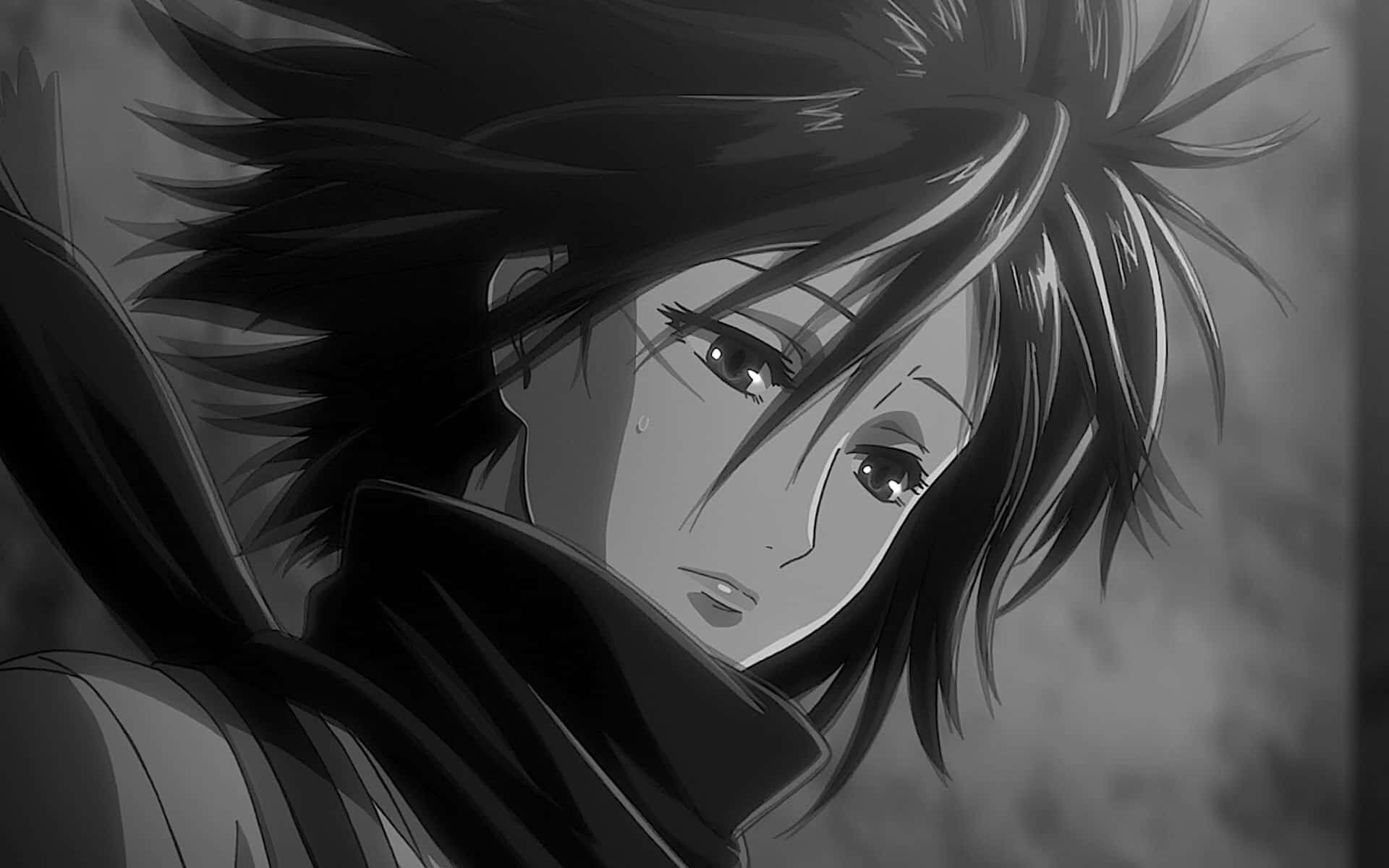 Attack On Titan Season 1 桌布 壁紙 — 一個黑白動漫角色，頭髮尖刺，臉頰上有一滴淚水，在憂鬱的時刻低頭凝視。