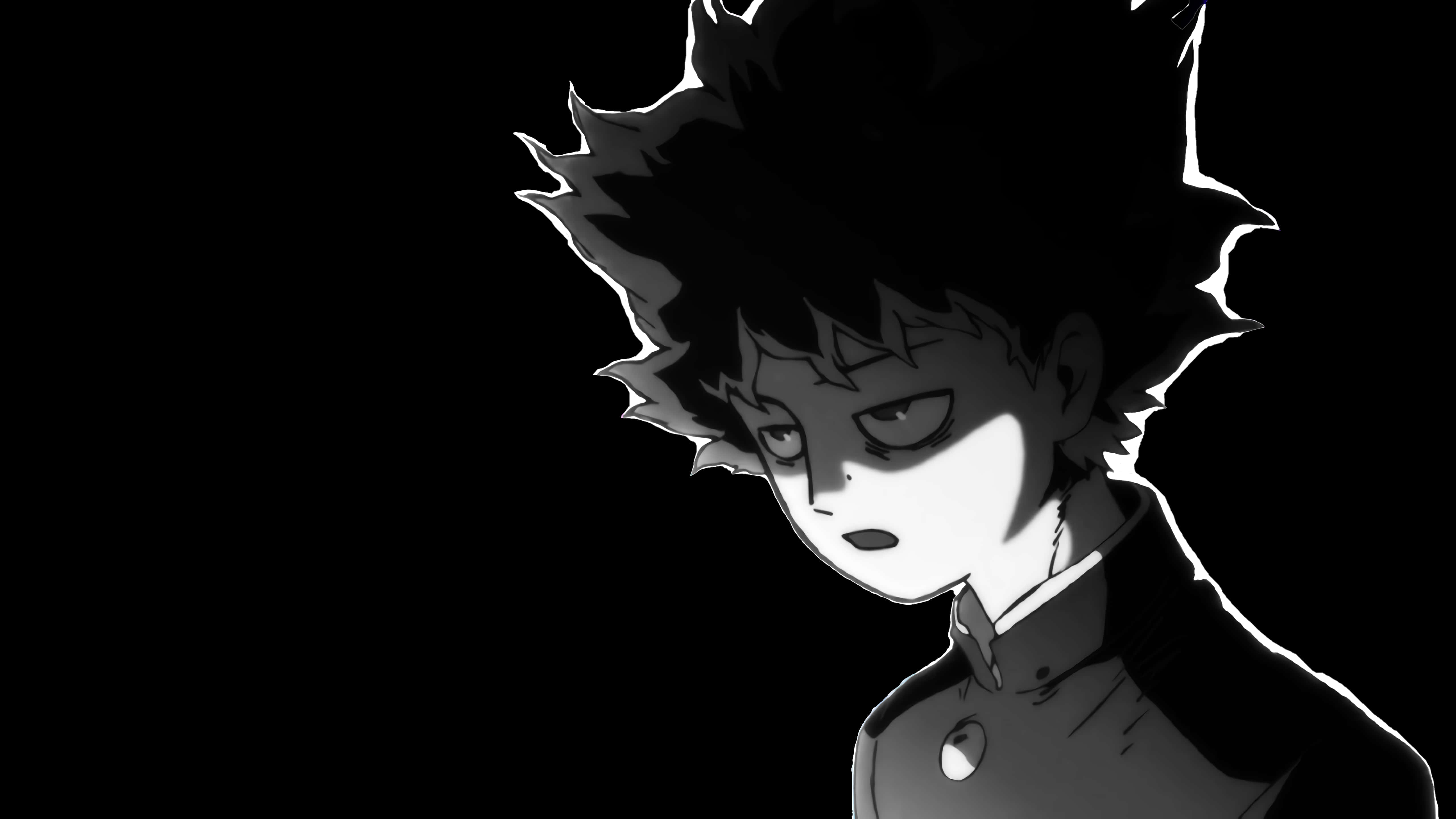 Mob Psycho 桌布 壁紙 — 一個黑白動漫角色，頭髮尖刺，表情嚴肅，在黑色背景下形成強烈對比。