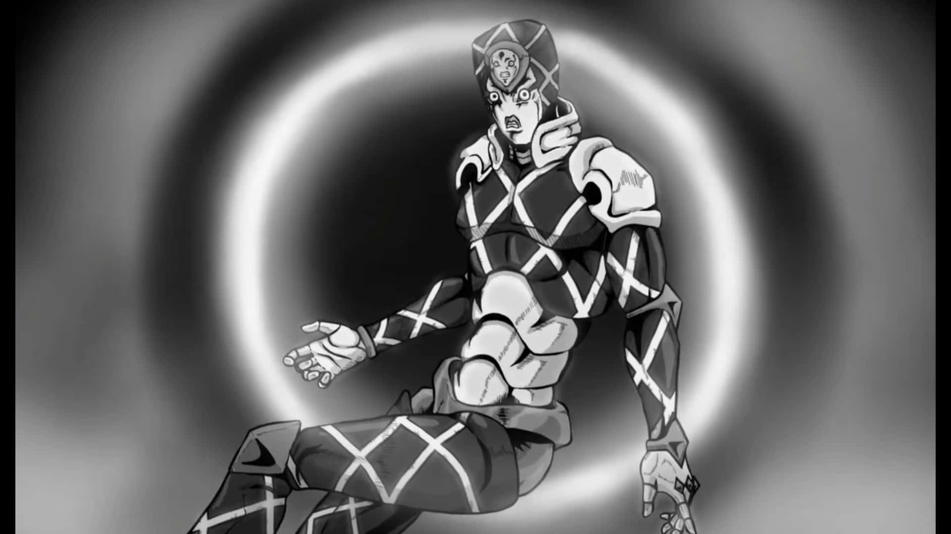 Jojo King Crimson 桌布 壁紙 — 一個黑白動漫角色穿著菱形圖案盔甲，動態地坐在旋轉的漩渦背景前。