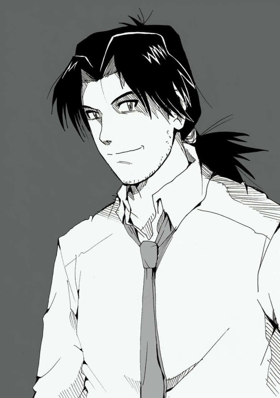 Ryoji Kaji 桌布 壁紙 — 一個黑白動漫風格嘅年輕男子肖像，佢有尖刺頭髮同冷笑，著住有領恤衫同領呔。