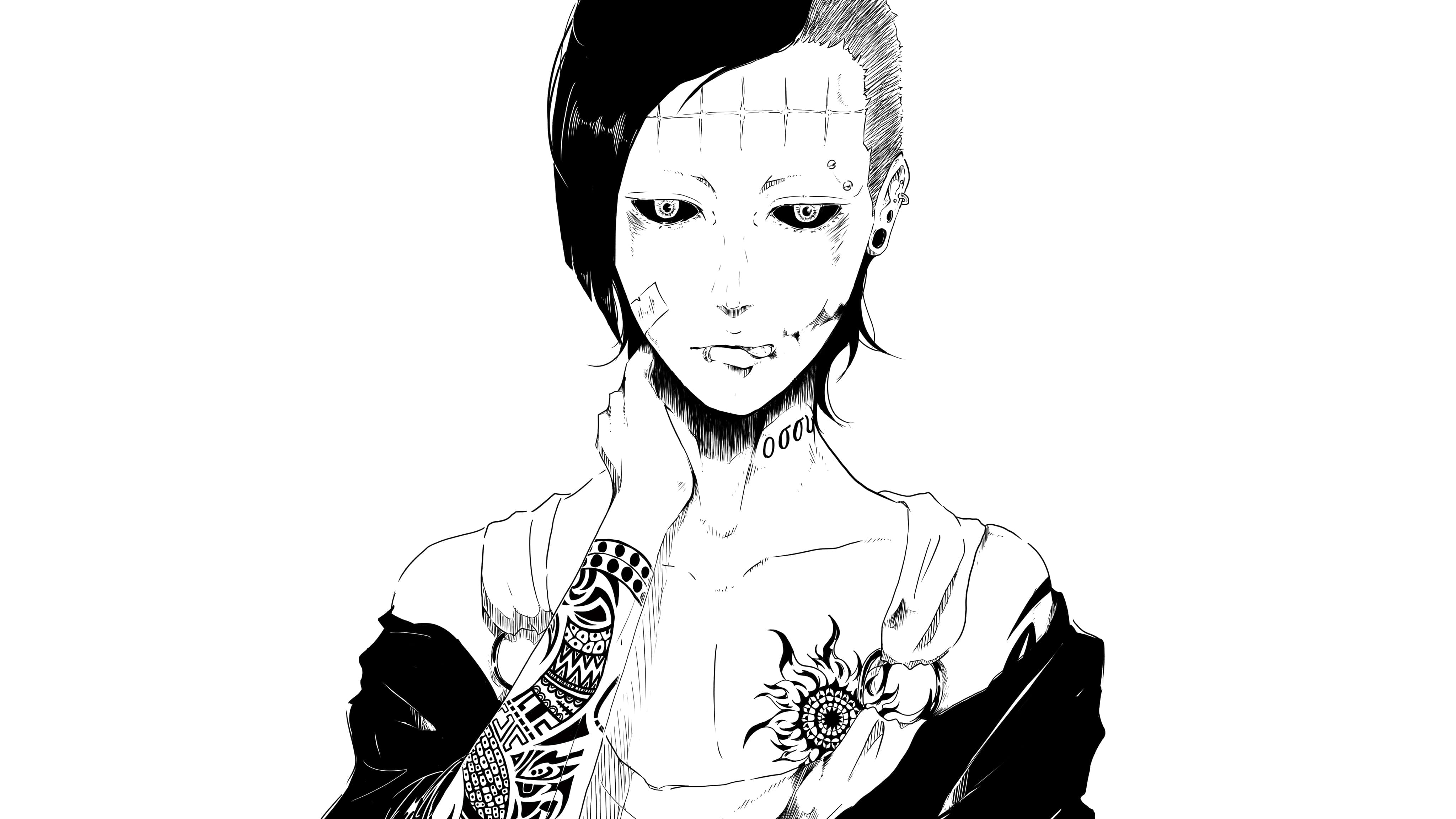 Tokyo Ghoul Uta 桌布 壁紙 — 一個黑白動漫風格的人物肖像，短髮，頸部和手臂上有精細的紋身。