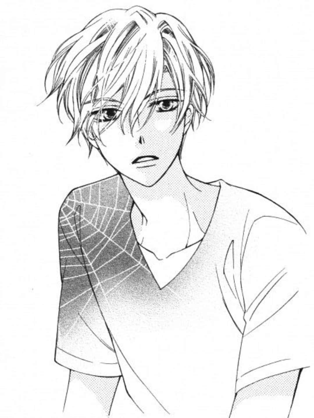 Tamaki Suoh 桌布 壁紙 — 一個黑白動漫風格肖像，描繪一位頭髮凌亂、表情嚴肅的年輕男子，穿著一件V領襯衫，其中一邊肩膀上有蜘蛛網圖案。