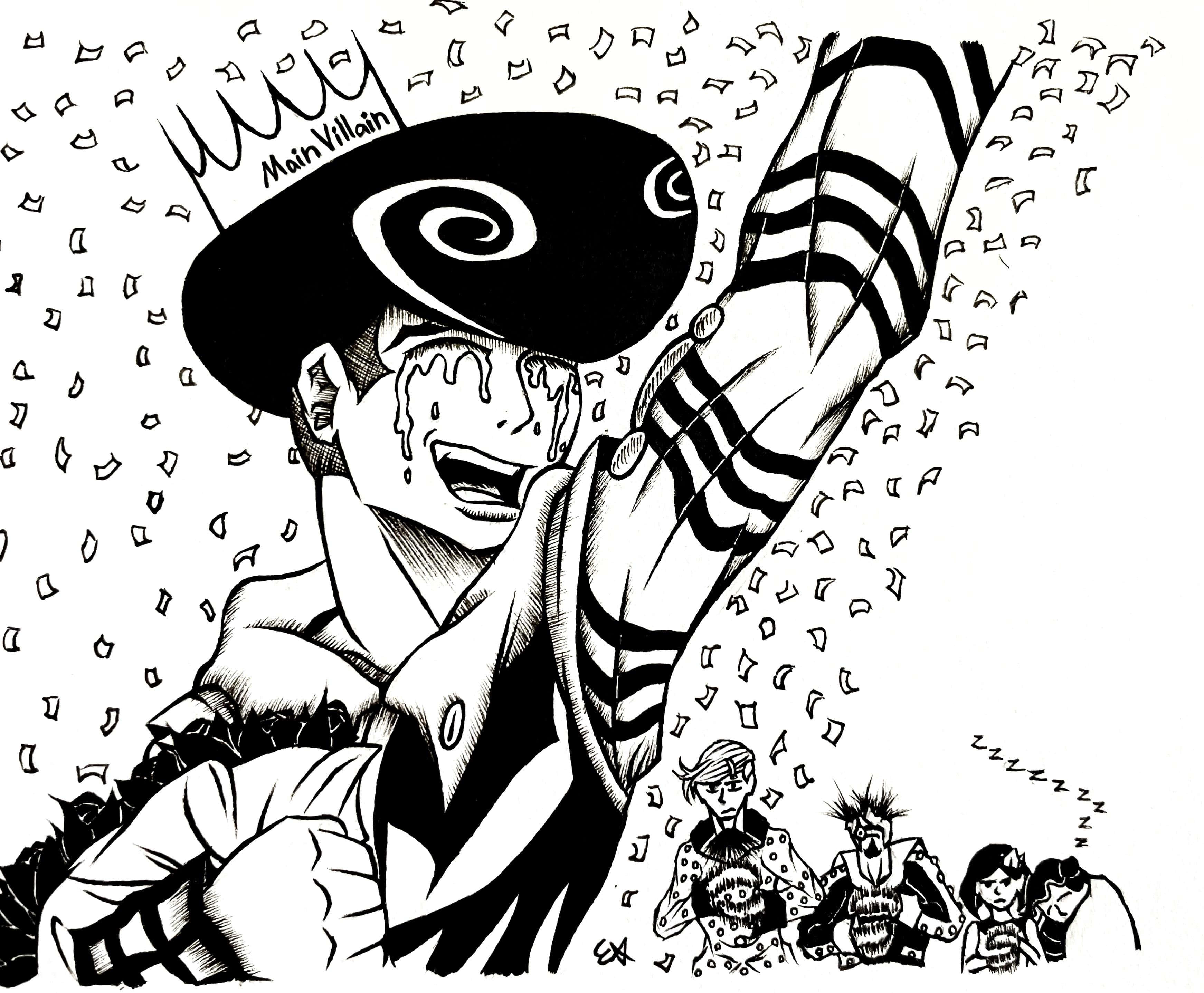 Jojolion 桌布 壁紙 — 一個黑白動畫反派，戴著螺旋眼罩和皇冠，在五彩紙屑飄落時狂笑。