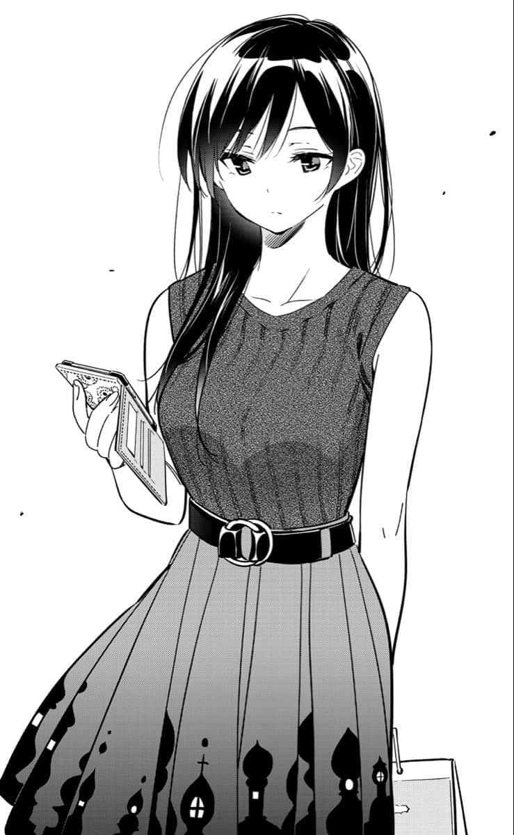 Chizuru Maihara 桌布 壁紙 — 一個黑白動畫女孩，長髮，拿著電話，低頭表情平靜。