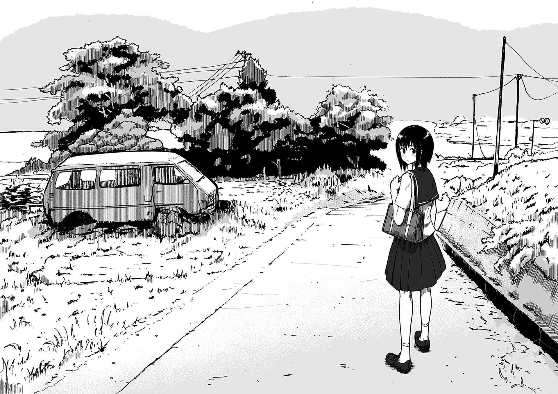 黑白動漫 桌布 壁紙 — 一個黑白動畫女孩穿著校服，沿著鄉村道路走過一輛停泊的貨車，背景有樹木和山丘。