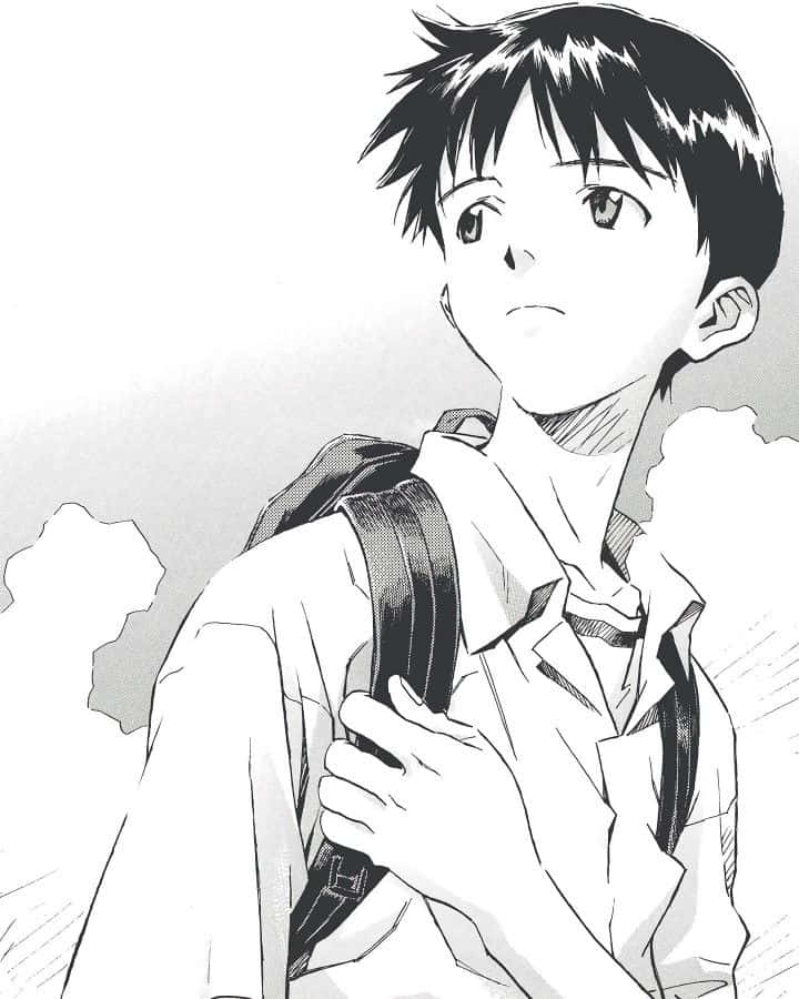 Shinji Ikari 桌布 壁紙 — 一個黑白動畫男孩，頭髮尖刺，握著背包帶，向上看，表情若有所思。