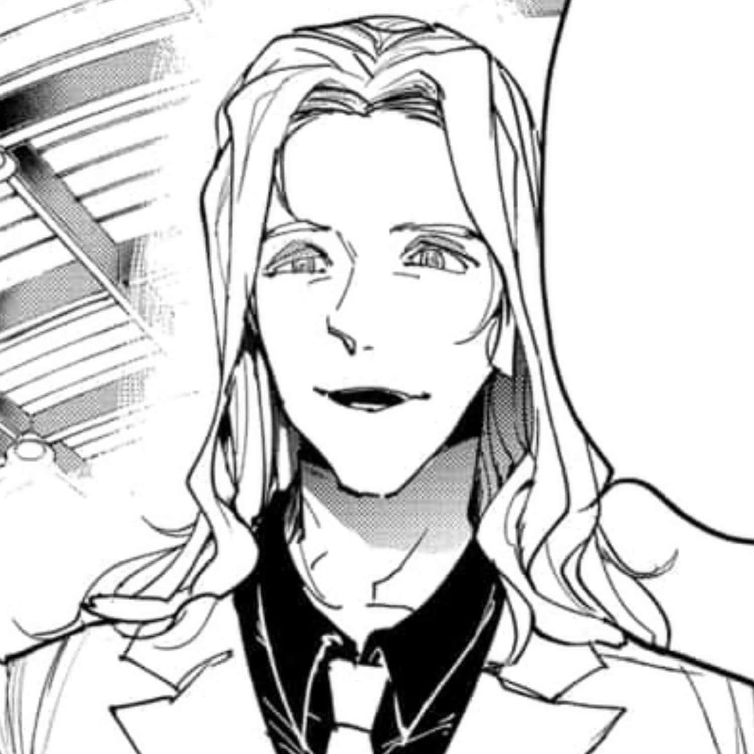 The Promised Neverland Peter Ratri 桌布 壁紙 — 一個黑白動畫角色，長髮，自信地微笑，穿著西裝打領帶。