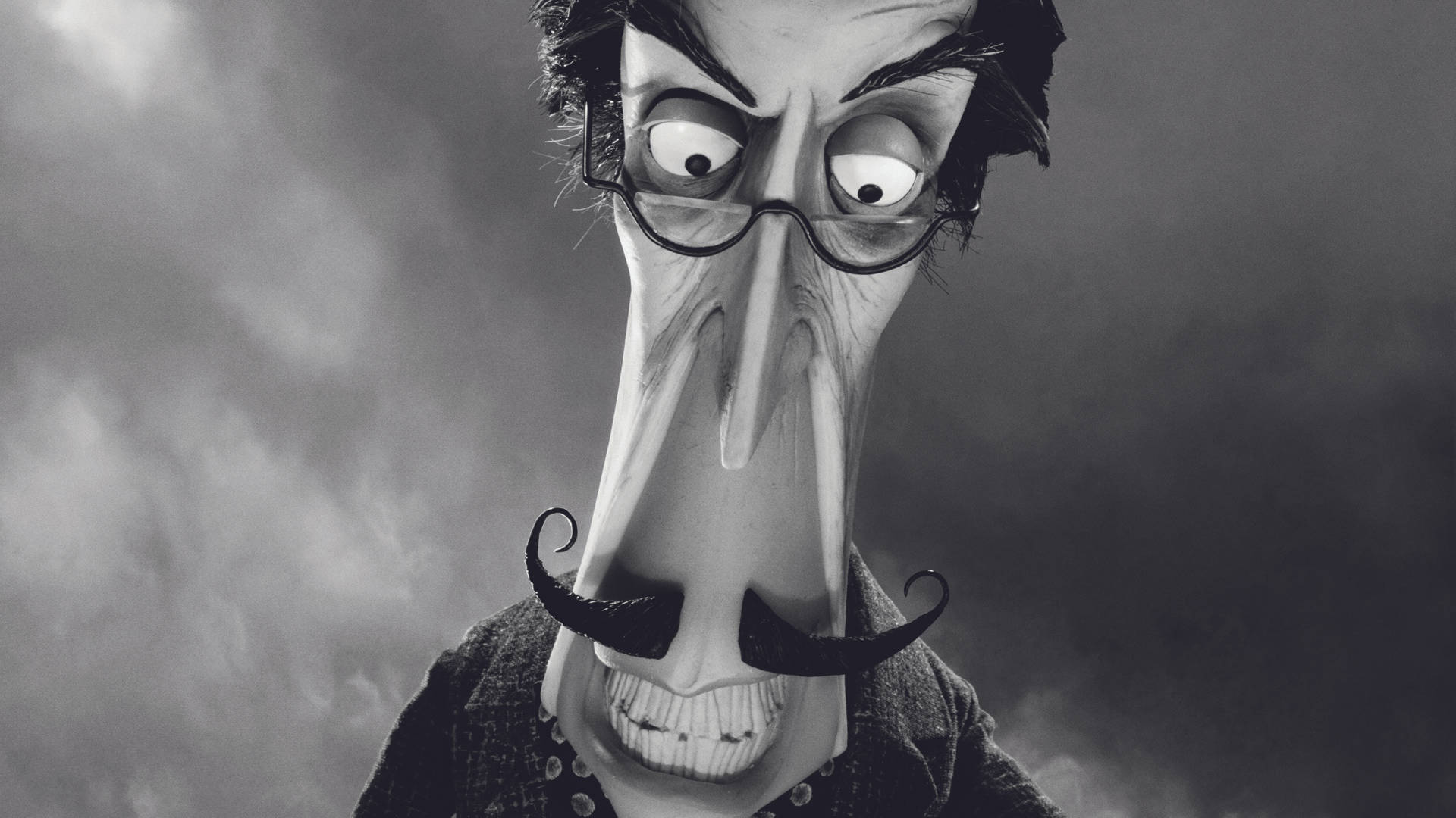 Frankenweenie Mr. Rzykruski 壁紙 — 一個黑白動畫角色，面部特徵誇張，戴著眼鏡，在煙霧背景中凝視。