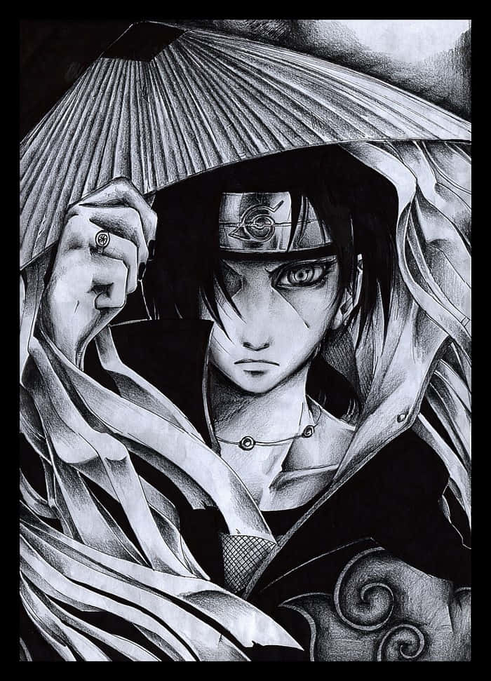 Akatsuki Drawing 桌布 壁紙 — 一個黑白動畫角色擁有寫輪眼，在戲劇性燈光下拿著傳統雨傘。