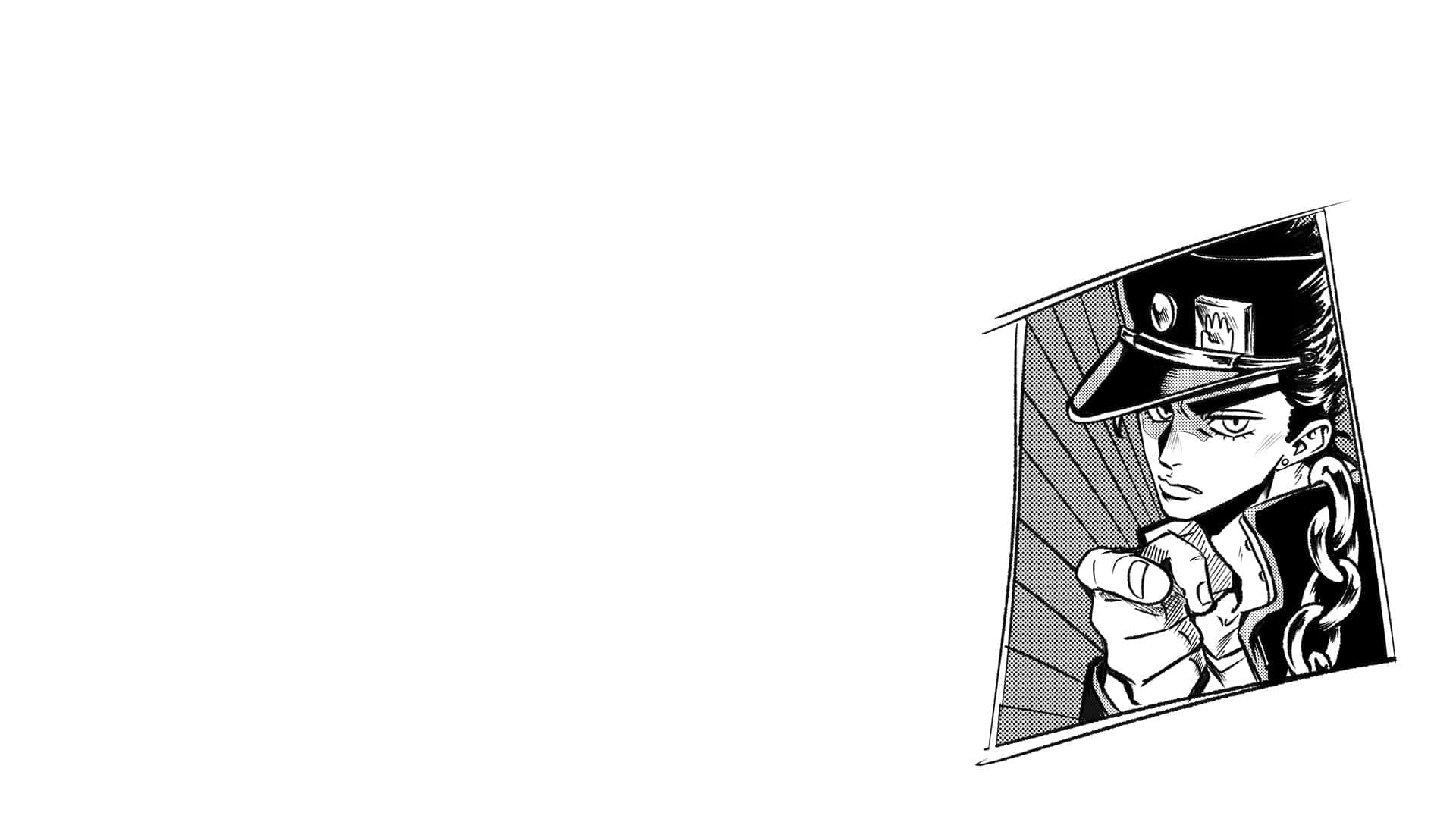 Jotaro Kujo 桌布 壁紙 — 一個黑白動畫角色穿著警察制服，帶著堅定的表情向前指。